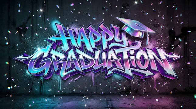 Multicolored Happy Graduation graffiti lettering with bold angular shapes and energetic street art styling, celebrating academic success with an urban aesthetic.