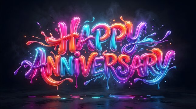 Vibrant pink, blue, and purple Happy Anniversary neon lettering with layered glowing effects, designed for romantic celebrations and digital greetings.