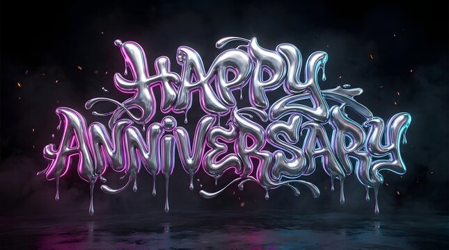 Purple and silver 3D Happy Anniversary lettering with luminous metallic accents, delivering a futuristic and romantic celebration design.