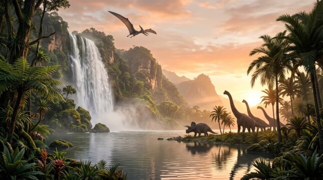 A stunning digital illustration of a prehistoric jungle landscape at sunset, featuring a flying pterodactyl, a walking triceratops, and several long necked dinosaur figures near a waterfall
