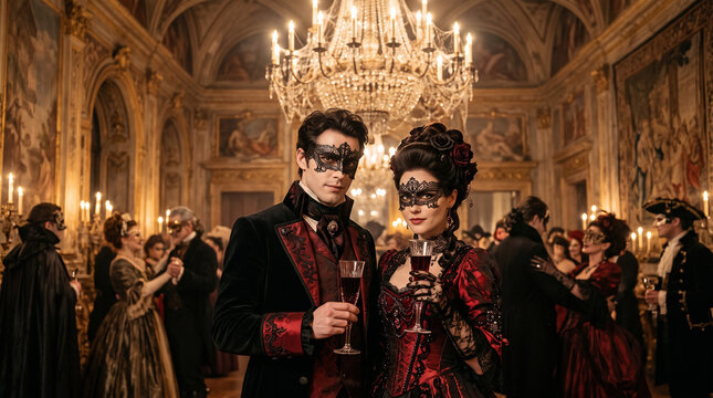 Pareja elegante con m&aacute;scaras de filigrana y trajes victorianos brindando en un sal&oacute;n de baile iluminado con velas durante una fiesta g&oacute;tica.