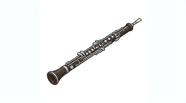 An isolated wooden oboe musical instrument with silver keys against a plain white background