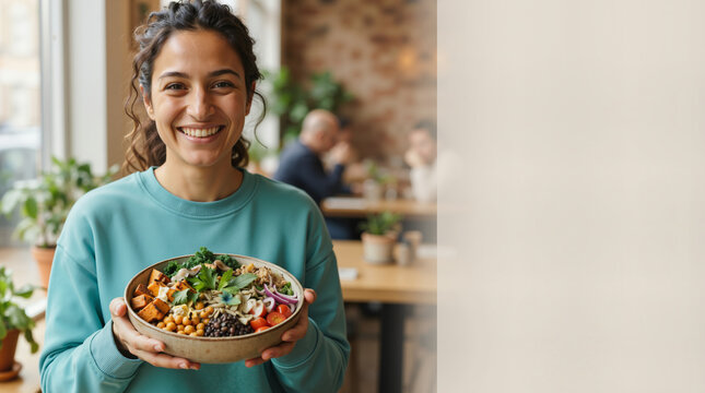 Smiling woman holding a healthy vegan salad bowl in a cafe. Young woman with plant based buddha bowl. World Vegan Day concept. Copy space for text