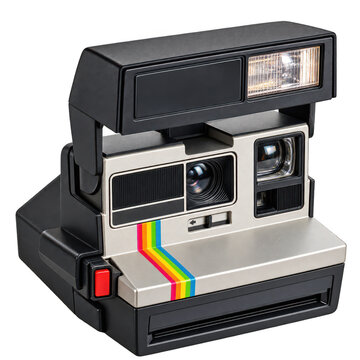 retro instant film camera with black flash unit and rainbow stripe