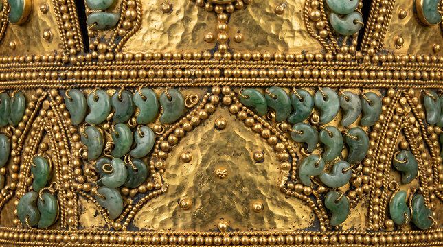 Ancient gold crown with green jade comma shaped beads and intricate metal filigree work close up