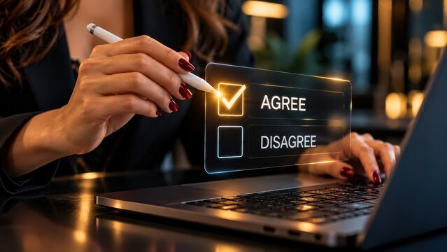 Businesswoman Selecting Agree Option on Digital Survey Interface Using Stylus and Laptop for Online Feedback