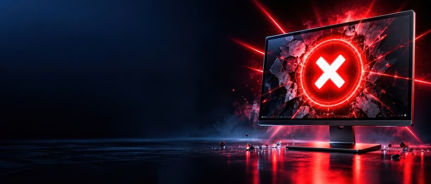 Computer Monitor Displaying Glowing Red Error Symbol With Shattered Screen Effect on Dark Cybersecurity Background