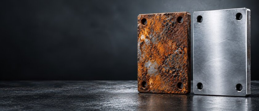Before and After Rust Removal Showing Corroded and Cleaned Metal Steel Plates With Industrial Surface Restoration Comparison