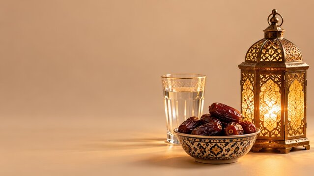 Ramadan Iftar Setting With Dates Water Glass and Glowing Traditional Lantern on Warm Beige Background With Copy Space