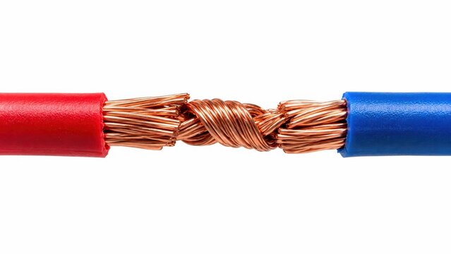 Exposed Copper Electrical Wires Twisted Together Between Red and Blue Insulated Cables on White Background