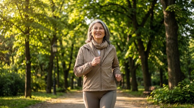 Mature Woman Enjoying a Morning Walk in the Park.
Mature woman enjoying an outdoor walk in a green urban park.