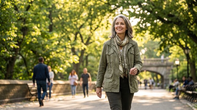 Mature Woman Enjoying a Morning Walk in the Park.
Mature woman enjoying an outdoor walk in a green urban park.