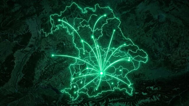 バイエルン州全域の衛星地図に広がる量子ネットワークと行政境界線の様子