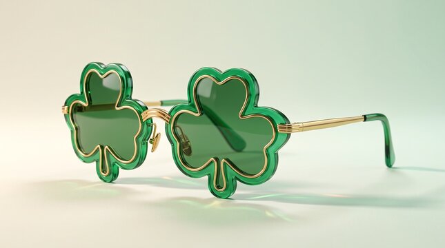 Shamrock shaped novelty sunglasses with green lenses on white background  