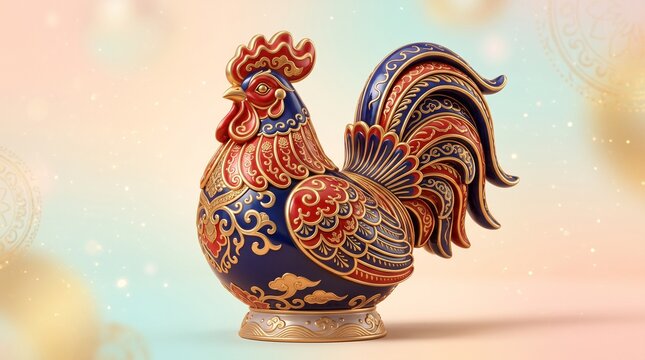 Decorative ceramic rooster figurine with ornate patterns on pastel background  