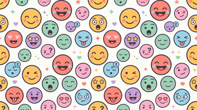 Kawaii Emoji Characters, Cute Smiling Faces, Playful Expressions and Colorful Cartoon Seamless Vector Pattern