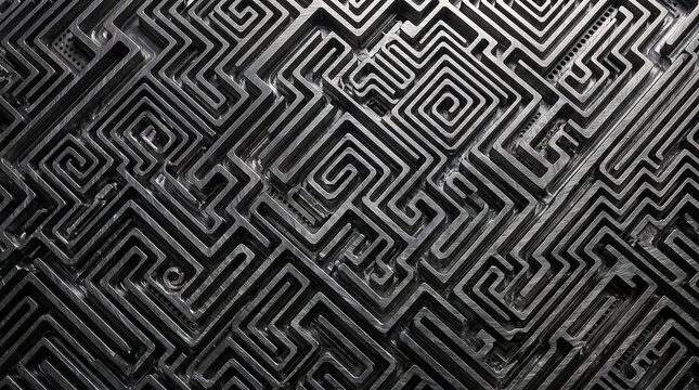 Metal labyrinth maze puzzle overhead view with dark steel pathways and complex geometric patterns
