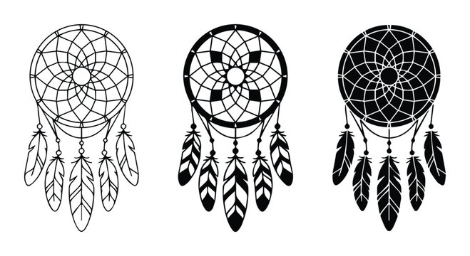 Dreamcatcher line art and silhouette set with feathers, spiritual symbol for logo