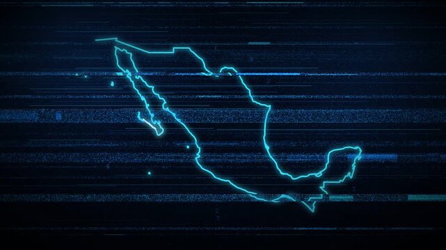 Animated blue digital map of Mexico building from a loading ring, outline trace and scanline fill, cyber HUD technology background, dark tech style.