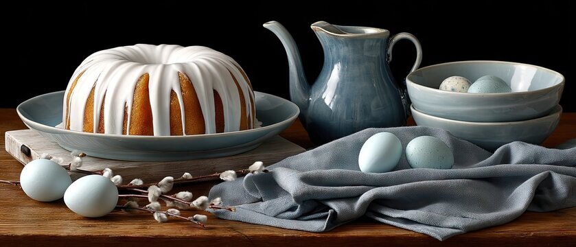 Easter kulich cake with white glaze beside colored eggs and willow branches in a minimalist kitchen setting