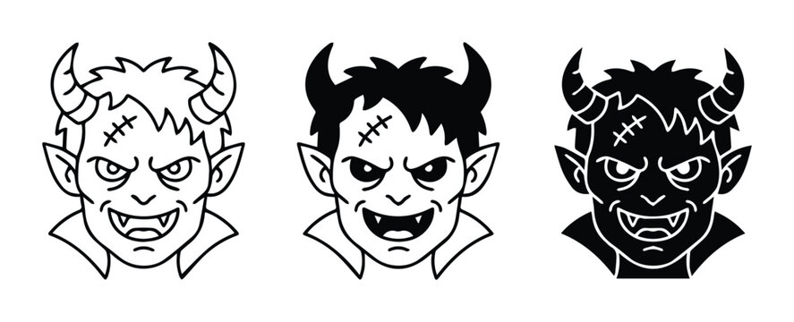 Devil faces set with horns and fangs, evil character icons for Halloween