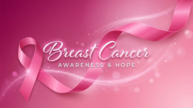 Elegant pink ribbon background symbolizing breast cancer awareness and hope with flowing curves and soft gradients