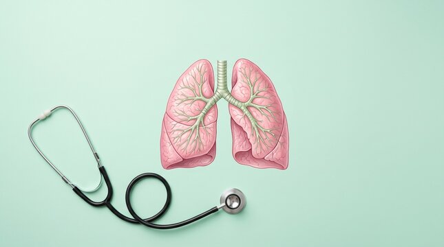 Anatomical illustration of healthy human lungs with a stethoscope on a light teal background for medical concepts