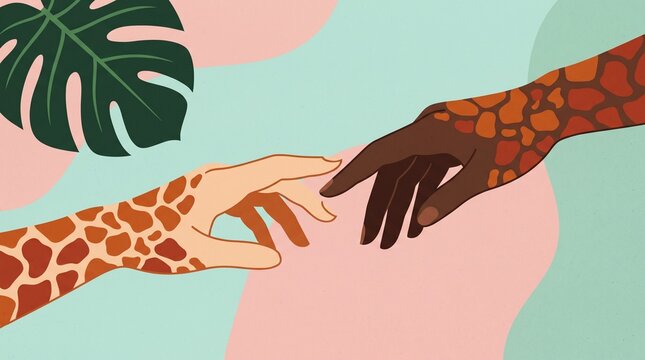 A striking illustration depicts a giraffe and a human hand reaching towards each other symbolizing connection and the beauty of wildlife