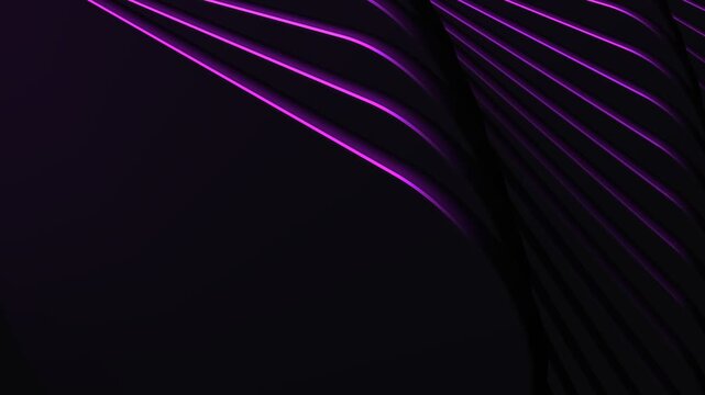 Violet neon edges on twisting dark layered slabs, magenta light lines sweeping across a black background, sleek abstract tech backdrop, seamless loop