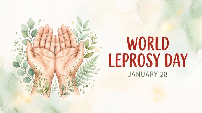World leprosy day awareness campaign featuring open hands symbolizing support and a delicate watercolor floral background representing the concepts of hope and healing for all