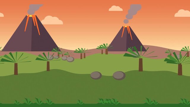 Cartoon Prehistoric Volcano Landscape Flat Parallax Seamless Loop