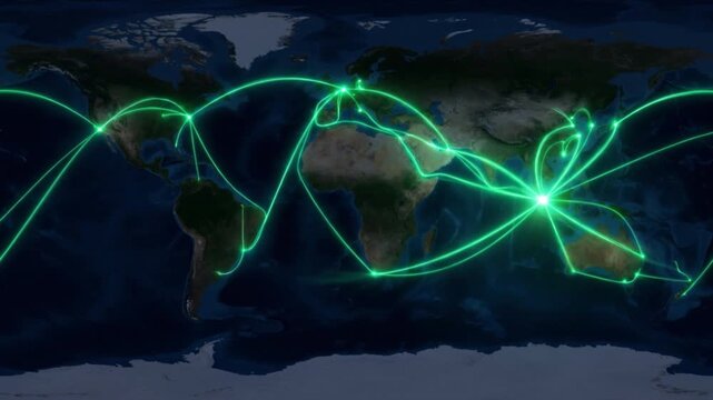 シンガポール海峡を起点に世界地図へ広がる海上物流量子ネットワークの様子