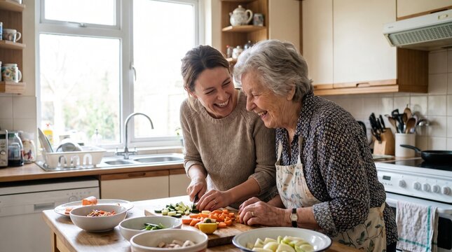 Mother and Adult Daughter Sharing a Happy Moment.
Adult daughter and elderly mother preparing food together in a bright kitchen.