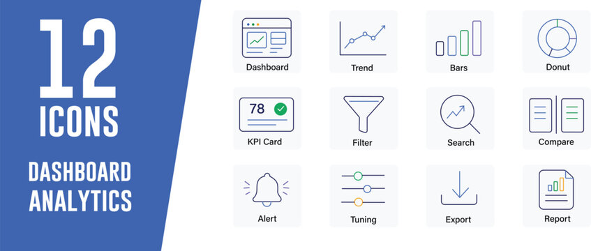 Dashboard Analytics icon set. Contain icons related to Dashboard, trend, and more. Editable stroke. vector illustration.
