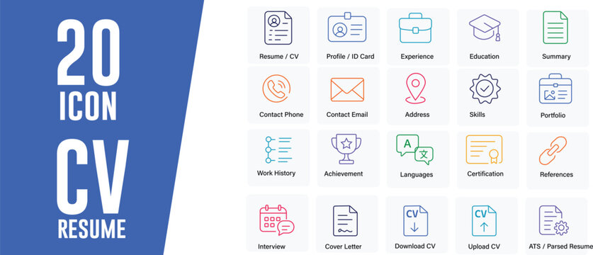 CV Resume icon set. Contain icons related to Resume CV, profile ID card, and more. Editable stroke. vector illustration.