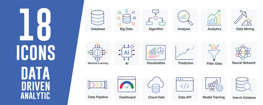 Data-driven analytic icon set. Contains icons related to databases, big data, and more. Editable stroke. Vector illustration.