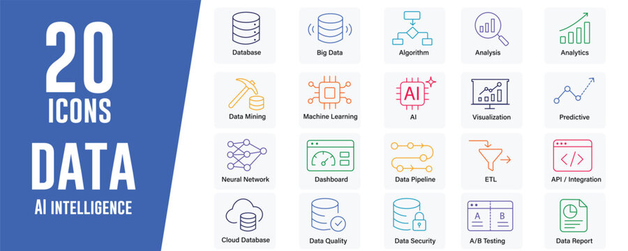 Data AI Intelligence icon set. Contains icons related to Database, big data, and more. Editable stroke. Vector illustration.