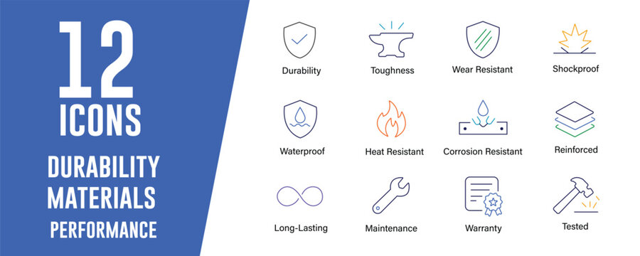Durability and Materials icon set. Contains icons related to Durability, toughness, and more. Editable stroke. Vector illustration.