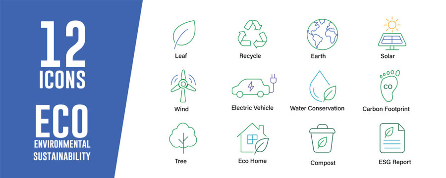 Eco Environmental Sustainability icon set. Contains icons related to leaves, recycling, and more. Editable stroke. Vector illustration.