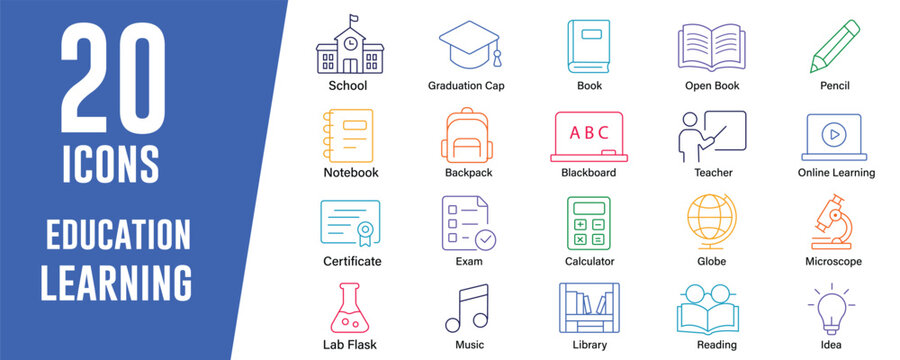 Education and Learning icon set. Contains icons related to School, graduation cap, and more. Editable stroke. Vector illustration.