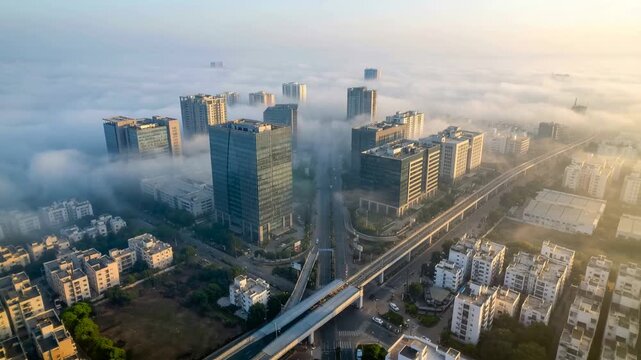 aerial drone timelapse of hyderabad financial district in telangana video conceptual morning fog video
