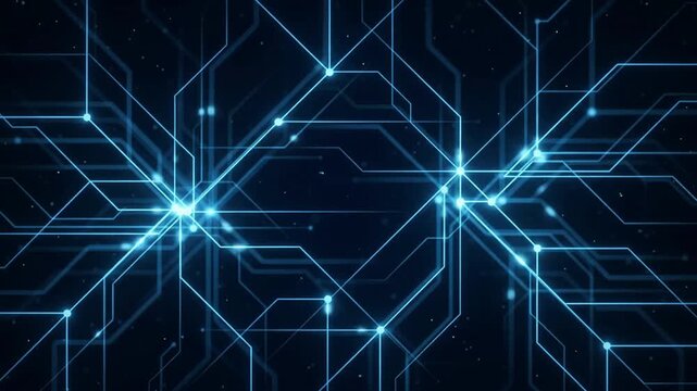 Glowing blue circuit grid with moving data nodes animation.