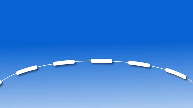 Curved dashed line graphic motion on blue gradient background. Abstract curved dotted path animation vector illustration. White curved dash line loop graphic layout.