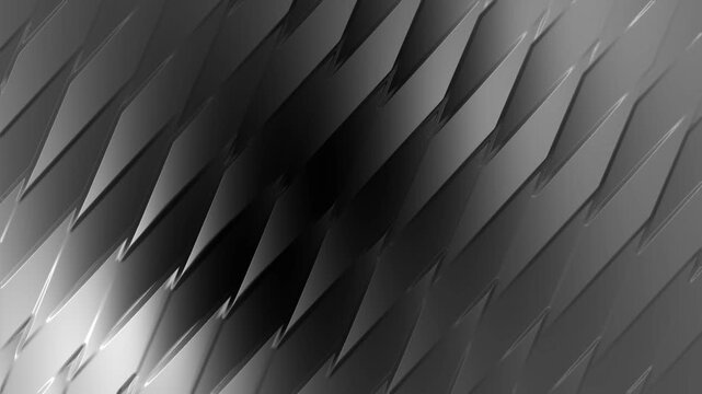 Abstract metallic silver scale geometric pattern loop. Modern 3d monochrome diamond texture background animation. Futuristic dark chrome lattice video background.