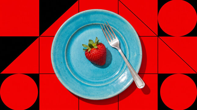 Single fresh strawberry placed centrally inside bright turquoise ceramic plate against bold, 8K Image 