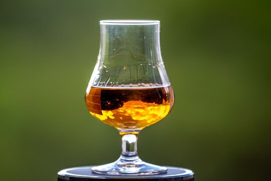 Single malt Scotch whisky in a tasting glass with a tear running down the side.