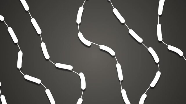 Abstract wavy dashed lines moving on dark background. Seamless white dotted wave pattern loop animation. Dynamic curved line path vector background layout.