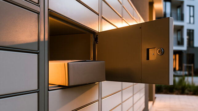 Open Parcel Locker with Cardboard Packages at Modern Apartment Building in Evening Light