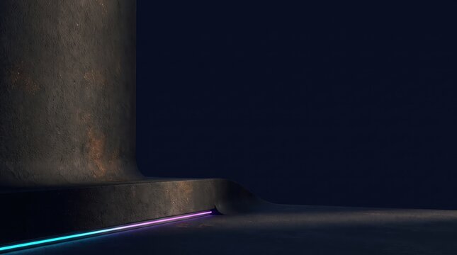 Abstract dark background with a textured curved wall and a glowing neon light strip on the floor, modern minimalist interior design concept for product display