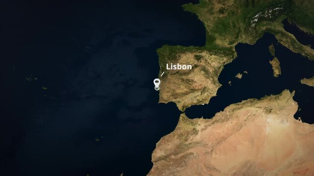 Satellite map zoom to Lisbon, Portugal with a white location pin marker, concentric circle highlight, and typography.